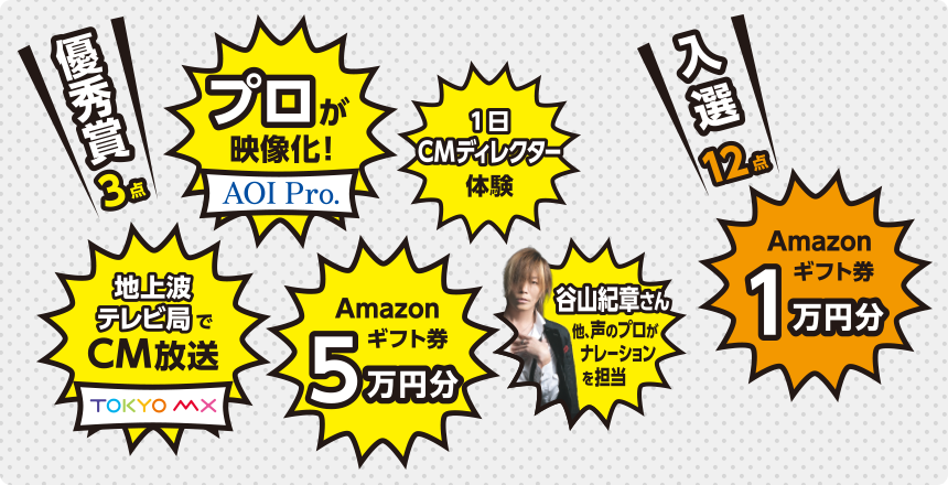 【優秀賞3点】プロ（AOI Pro.）が映像化！Amazonギフト券5万円分！TOKYO MXでCM放送！1日ディレクター体験！谷山紀章さんがナレーションを担当！／【入選12点】Amazonギフト券1万円分